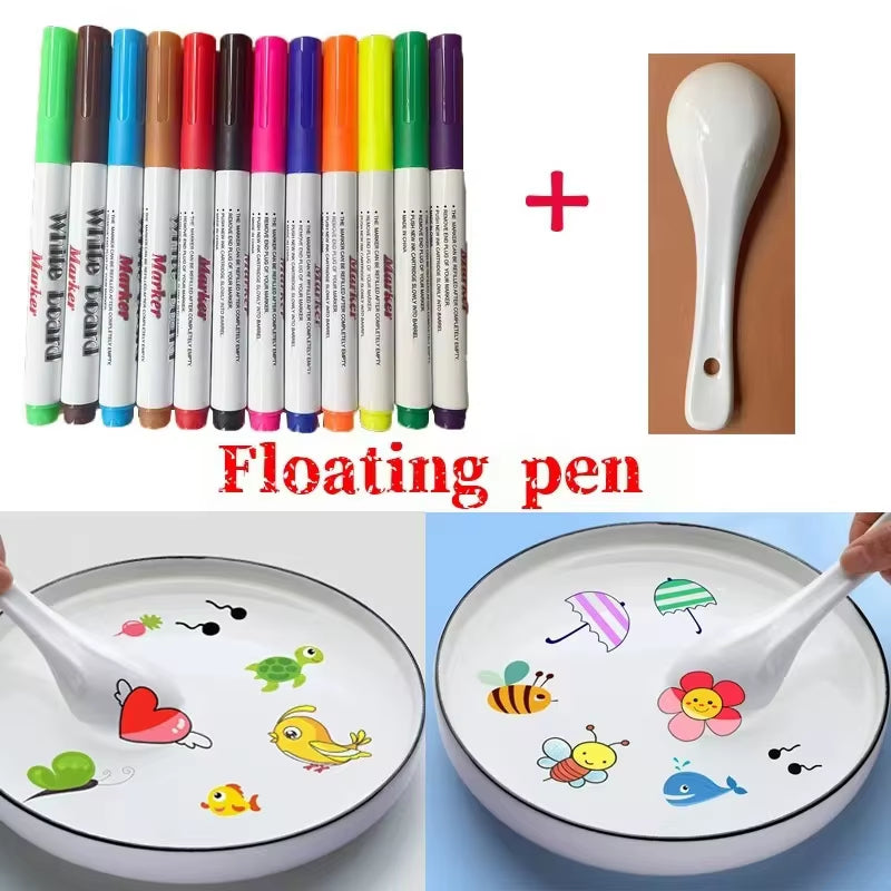 8/12 Colors Water Floating Pen Magical Ink Pens with Spoon Brush Whiteboard Markers Suspension Kids Educational Painting Marker